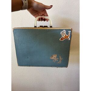 Vintage 50s 60s kids suitcase travel suitcase bell logo blue stitched edges wood